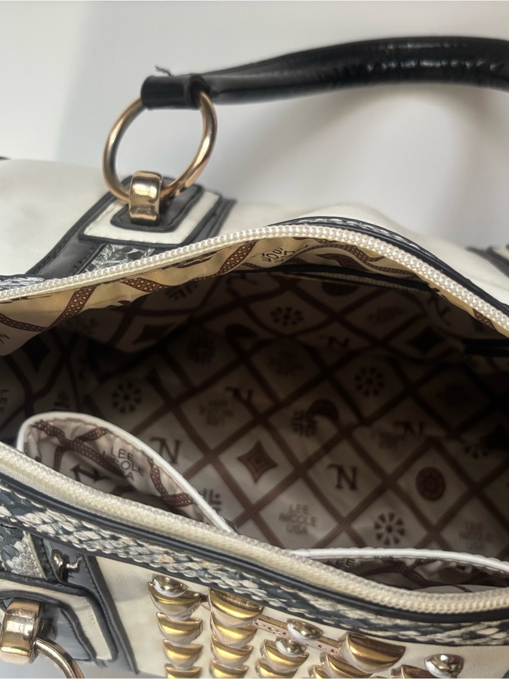Nicole Lee Black and White Studded Satchel with Gold Accents - Picture 4 of 6